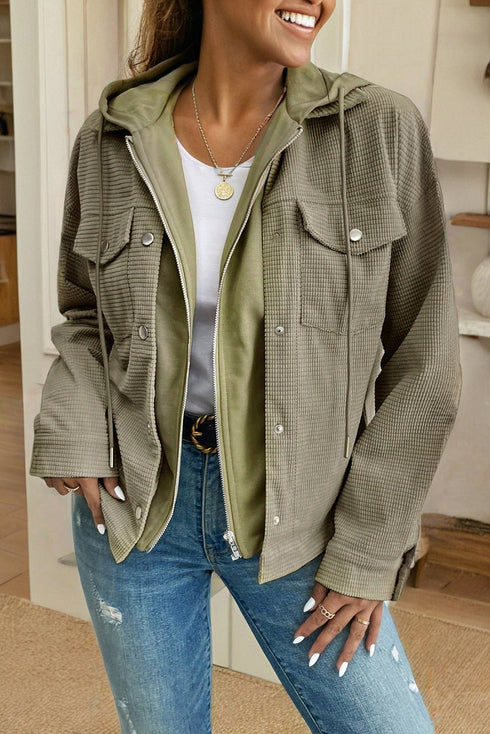 Thermal Waffle Two In One Hoodie Insert Snap Front Collared Flap Pocket Jacket